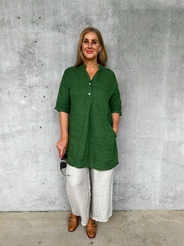 Frederic Oversized Loose Linen Shirt / Dress - Bottle Green