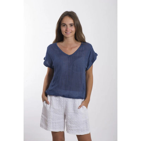 Frederic Ella Linen T Shirt with Round Neckline- Blue Denim