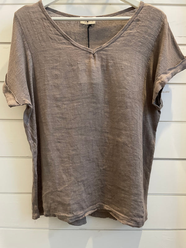 No Band Plain Italian Linen T Shirt - Taupe - OS