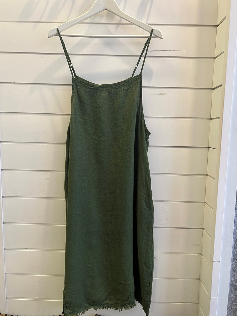 Linen Summer Dress with Frayed Edge - Forest Green