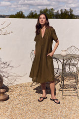Shawl Collar Pleat Dress - Dark Moss