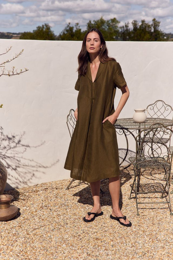 Shawl Collar Pleat Dress - Dark Moss