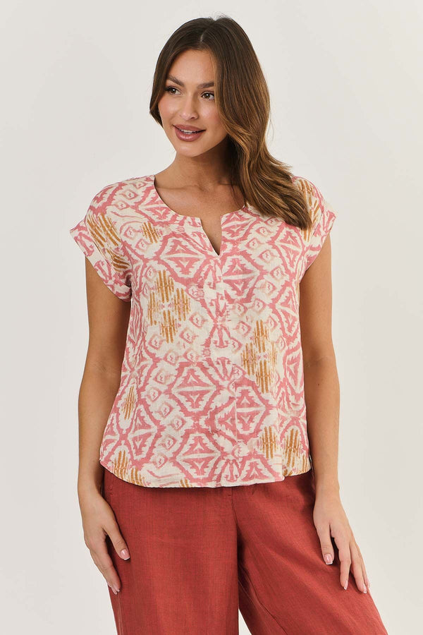 Linen Top with Sleeve - Ikat