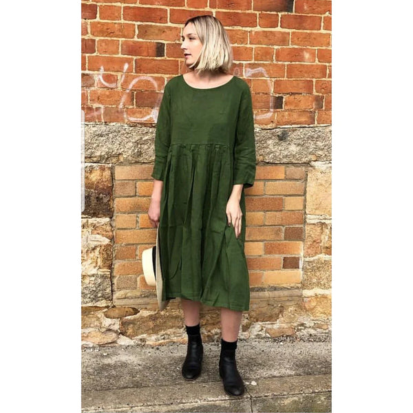 Montaigne Journee Baggy Linen Dress - Forest Green