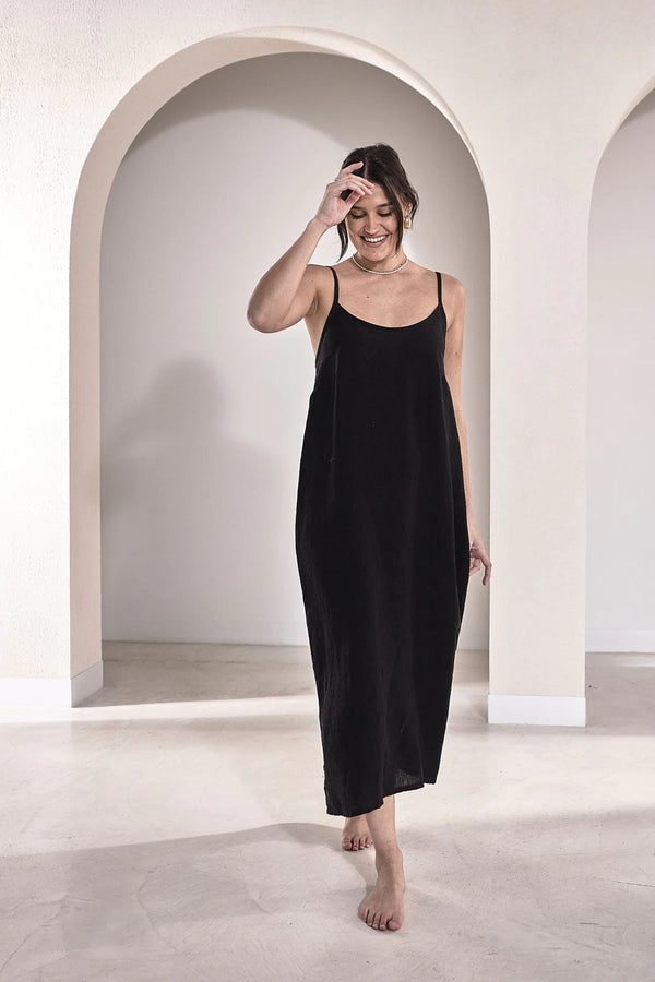 Fundamental Midi Linen Slip Dress - Black
