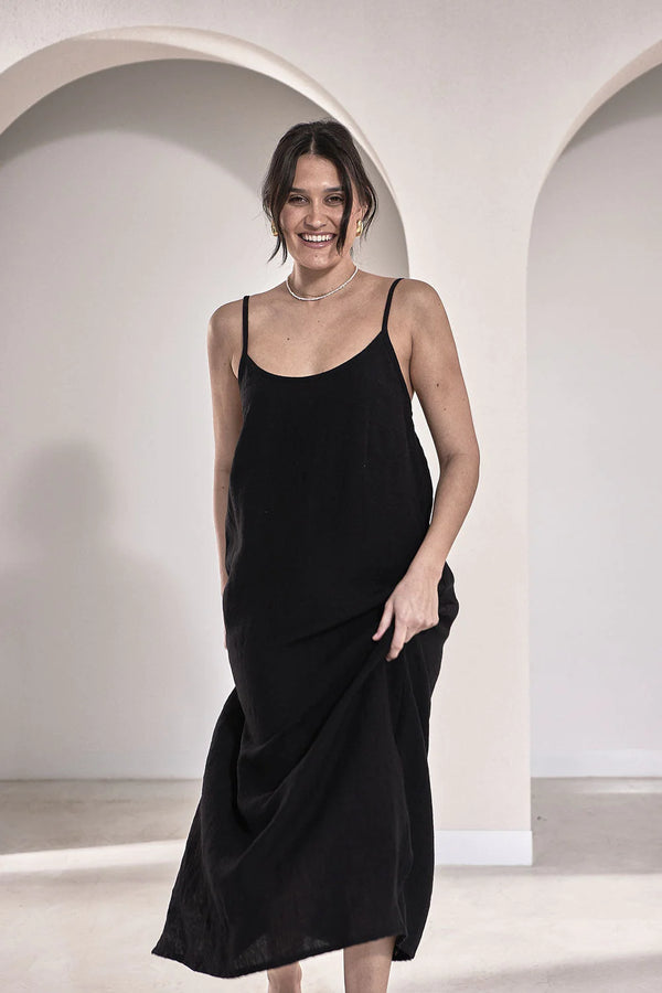 Fundamental Midi Linen Slip Dress - Black