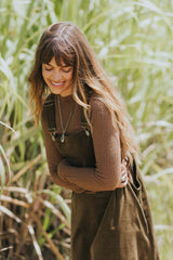 Corduroy Cotton Midi Overall Style Dress - Olive