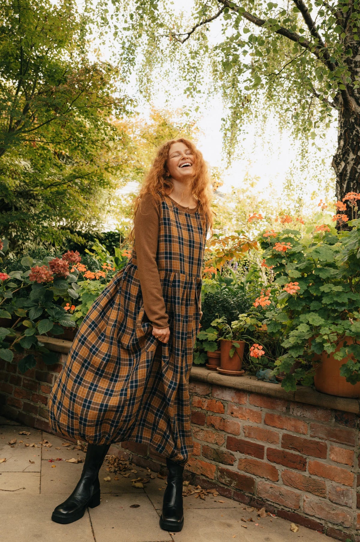 Montaigne Sartene French Linen Dress - Blue Tweed Check Watermelon Red Montaigne Sartene French Linen Dress - Blue Tweed Check Watermelon Red