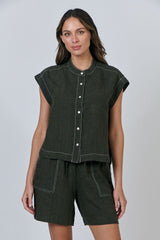 Crew Neck Linen Top - Licorice