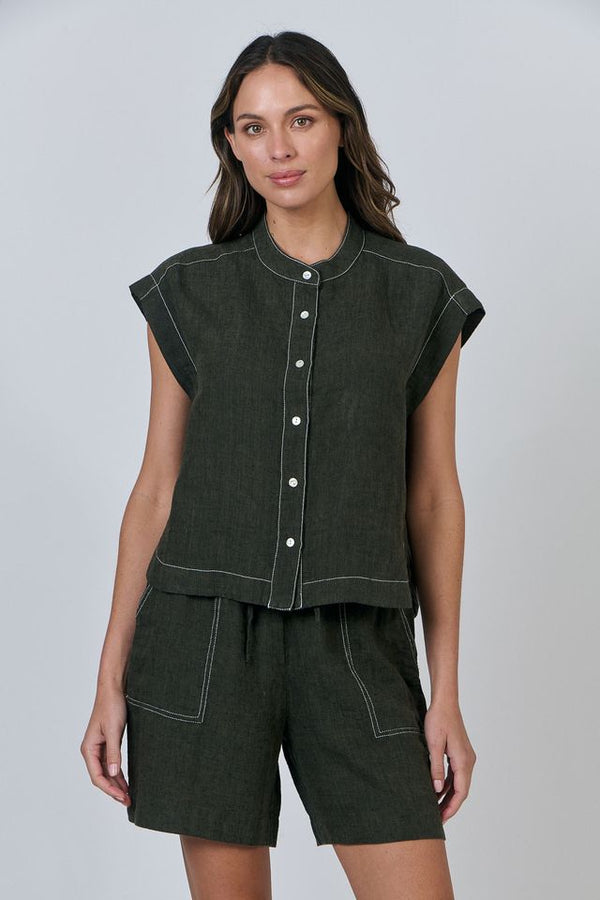 Crew Neck Linen Top - Licorice
