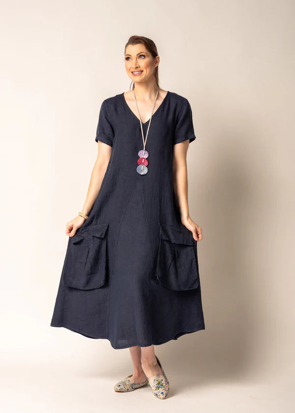 Lada Linen Dress - Navy