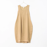 Linen Summer Dress - Elastic Back - Ocre - OS