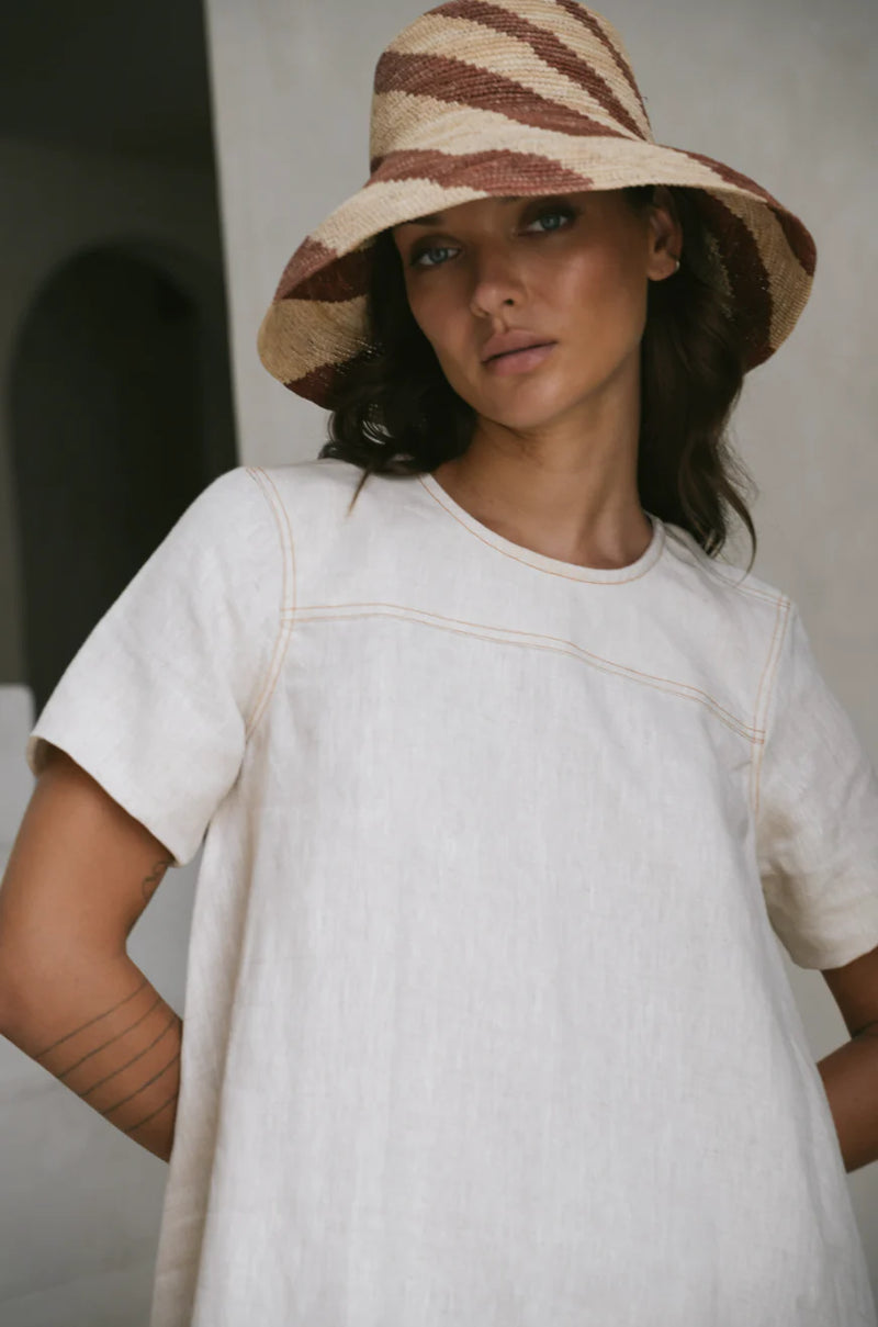 Parker Dress - Natural Thick Linen with Stitching