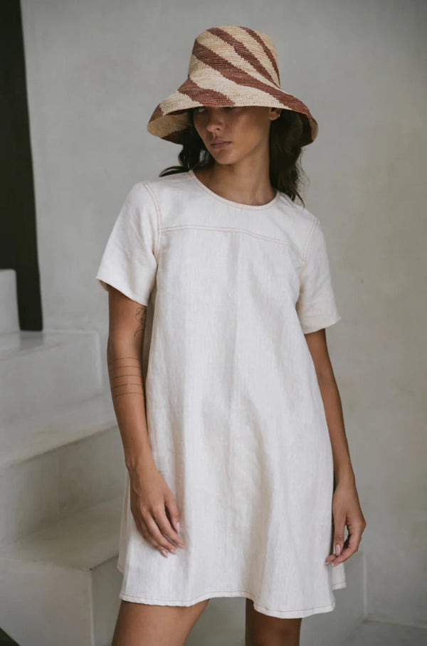 Parker Dress - Natural Thick Linen with Stitching