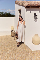 Inverted Pleat Linen  Dress - Cream