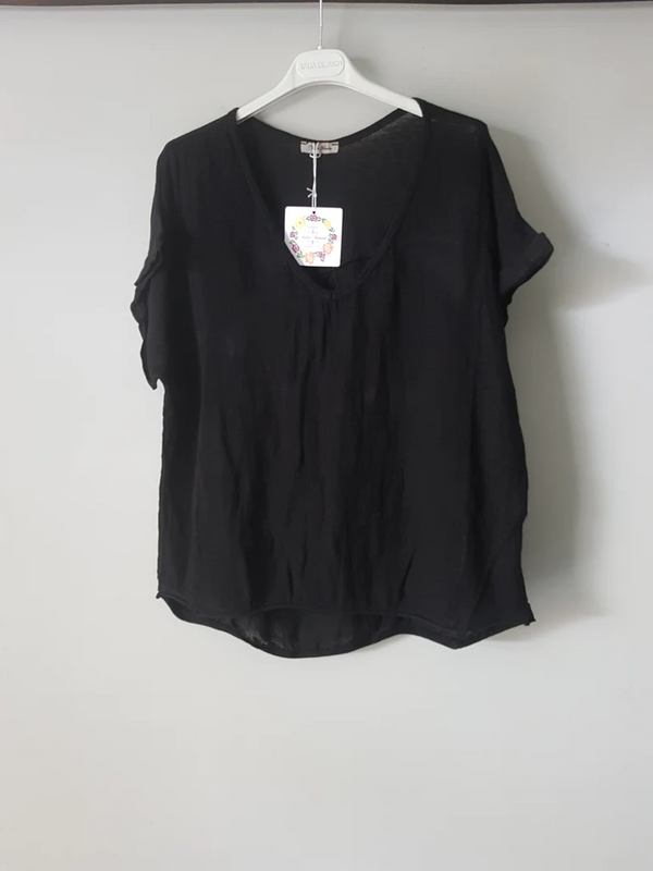 Plain Italian Linen T Shirt - Black - OS
