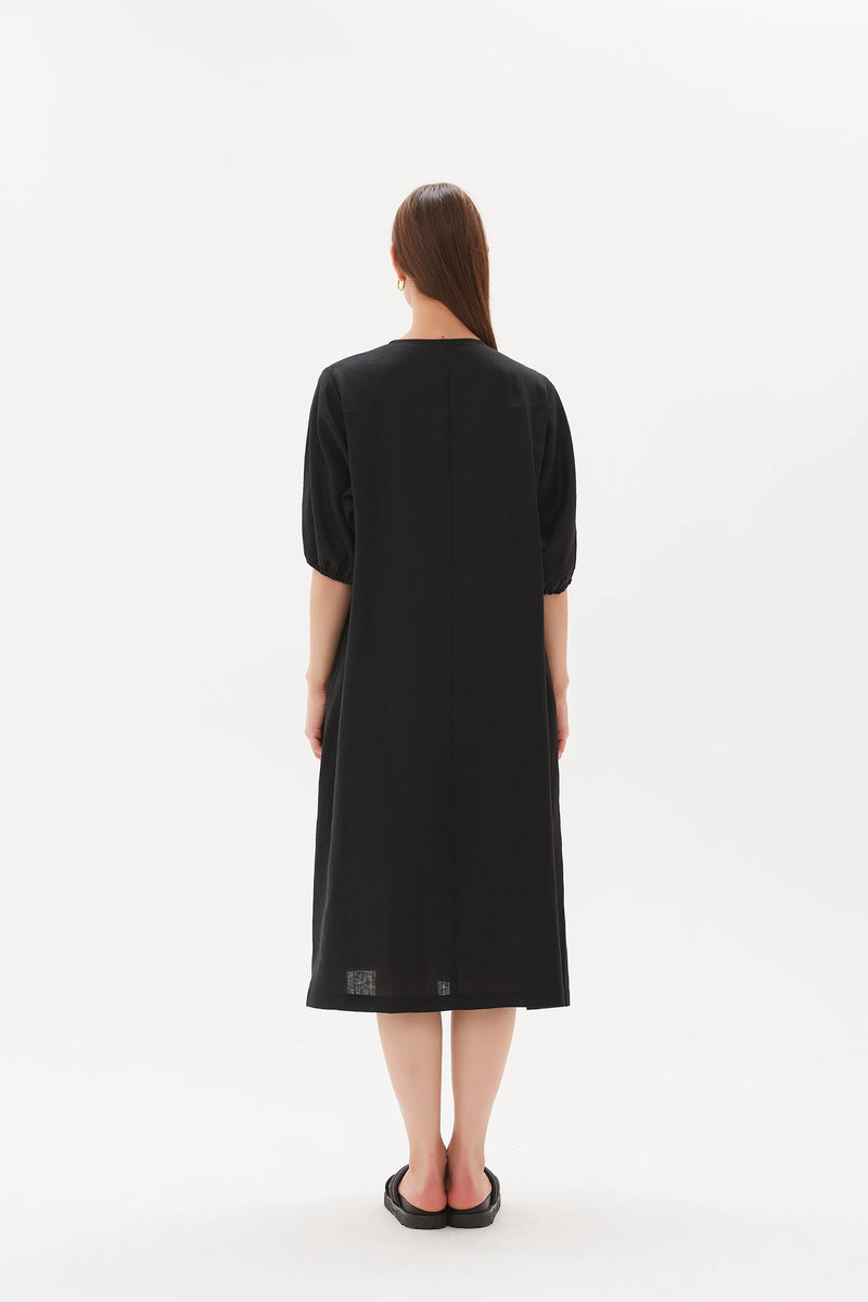 Puff Sleeve Gather Front Dress - Black