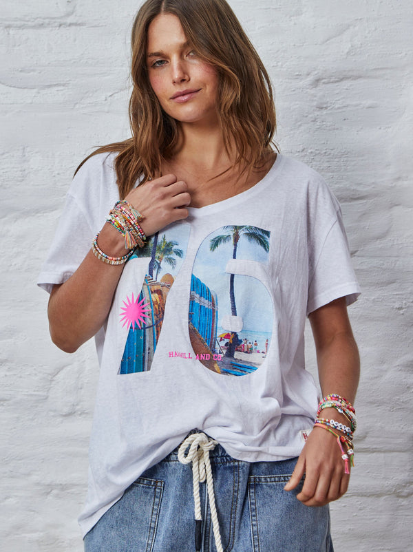 Retro Palm V Neck Tee White