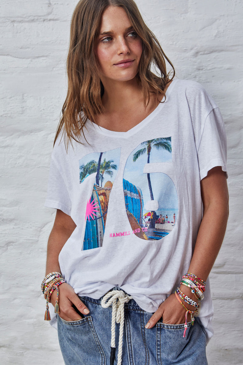 Retro Palm V Neck Tee White