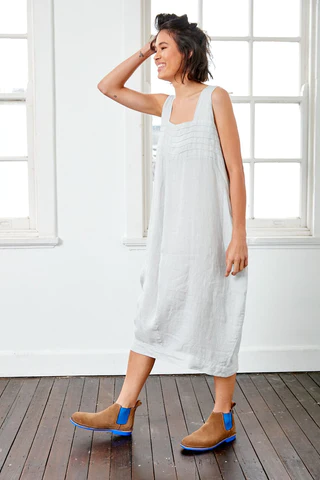 Linen Summer Dress - Elastic Back - Silver - OS