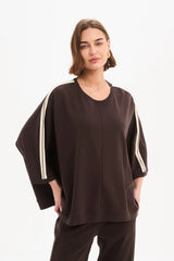 Oversized 3/4 Stripe Sleeve Tee - Chocolate / Cream Stripe