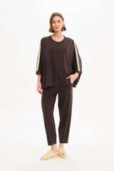 Oversized 3/4 Stripe Sleeve Tee - Chocolate / Cream Stripe