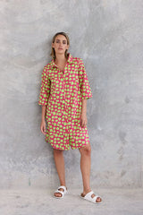 3/4 Sleeve - Shirtmaker Dress - Pink/Lime Spot