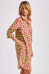 3/4 Sleeve - Shirtmaker Dress - Pink/Lime Spot