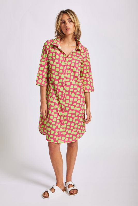 3/4 Sleeve - Shirtmaker Dress - Pink/Lime Spot