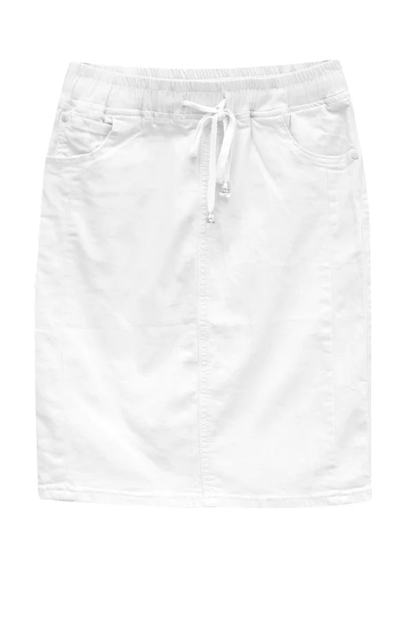 Country Denim Drawstring Knee Length Skirt - White