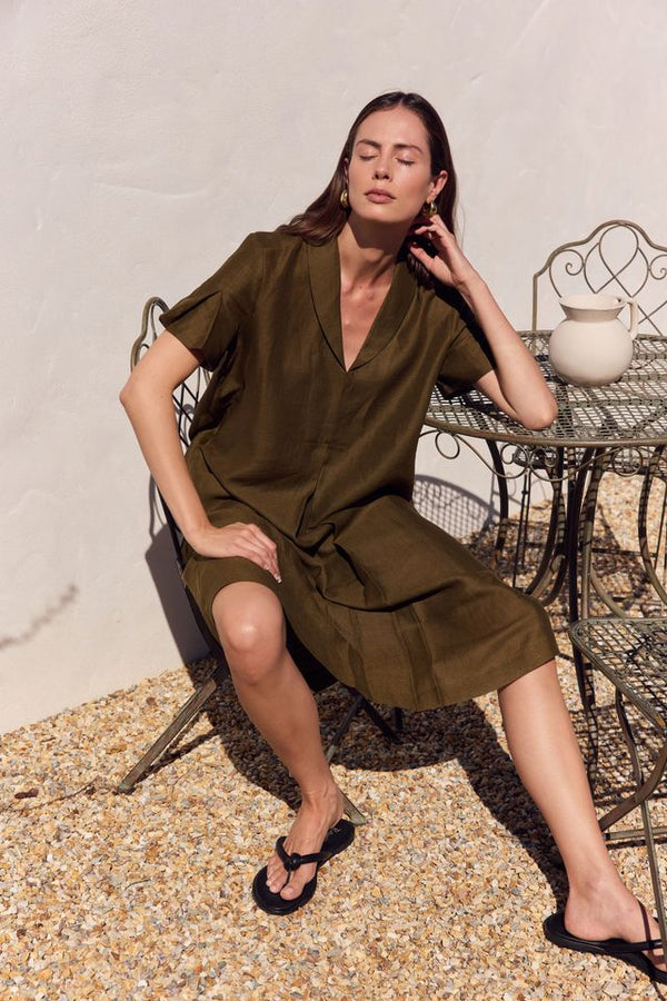 Shawl Collar Pleat Dress - Dark Moss