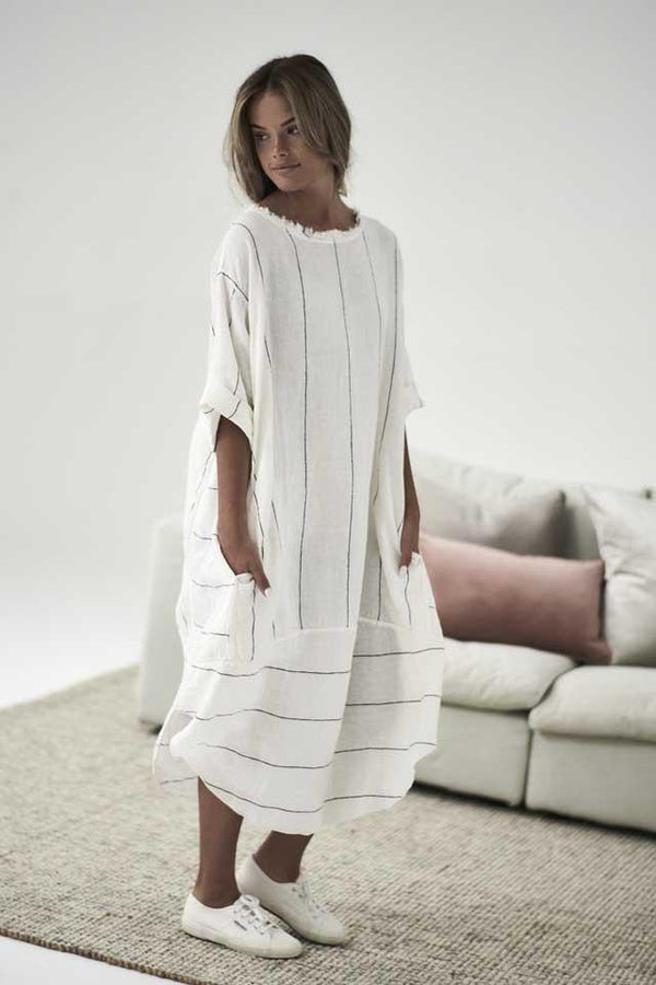 The Malle Linen Dress - White with Charcoal Stripe - OSFA