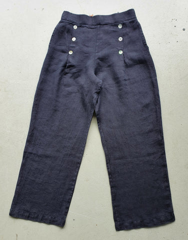 Linen Pants with Side Button - French Navy