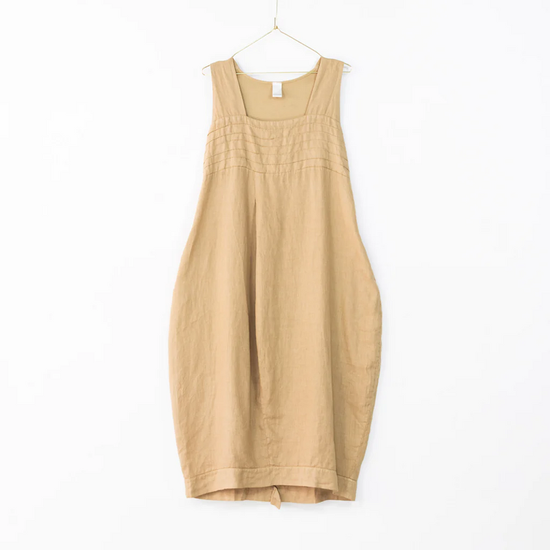 Linen Summer Dress - Elastic Back - Ocre - OS