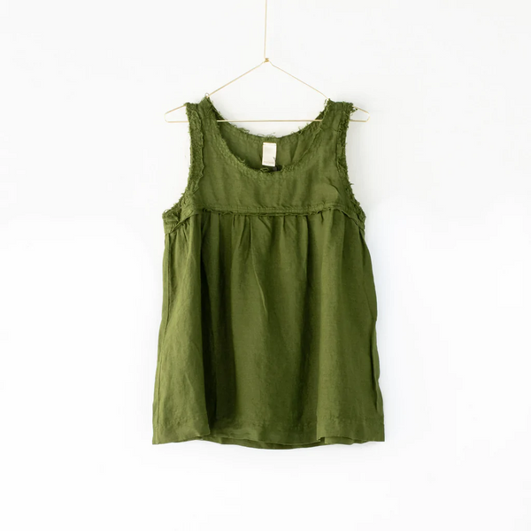 Frayed Italian Linen Summer Singlet - Forest Green