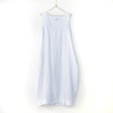 Linen Summer Dress - Elastic Back - White - OS
